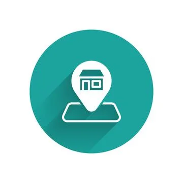 White Map pin with Shopping building or market store icon isolated with lon.. 스톡 일러스트