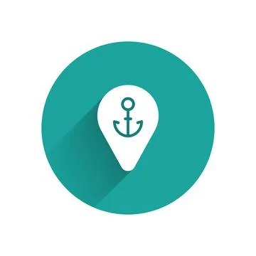 White Map pointer with anchor icon isolated with long shadow background. Green Stock Illustration