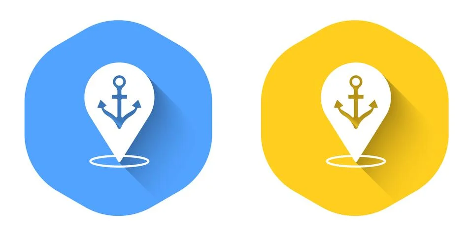 White Map pointer with anchor icon isolated with long shadow background. Circle 스톡 일러스트