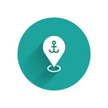 White Map pointer with anchor icon isolated with long shadow. Green circle bu Stockillustratie