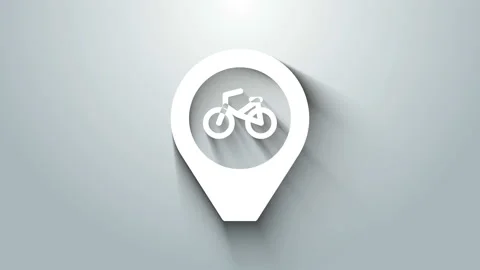 White Map pointer with bicycle icon isolated on grey background. 4K Video motion Stock Footage 145992104