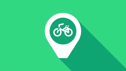 White Map pointer with bicycle icon isolated on green background. 4K Video Stock Footage 147158850