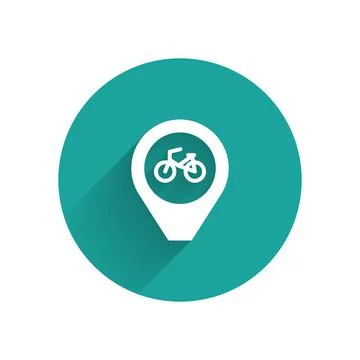 White Map pointer with bicycle icon isolated with long shadow. Green circle 스톡 일러스트