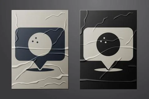 White Map pointer with bowling ball icon isolated on crumpled paper background Stock Illustration