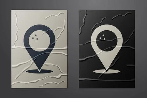White Map pointer with bowling ball icon isolated on crumpled paper background イラスト素材