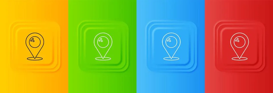 White Map pointer with bowling ball icon isolated on colorful background. S.. 库存插图