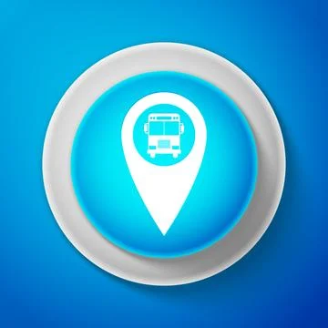 White Map pointer with bus icon isolated on blue background. Circle blue button Stock Illustration