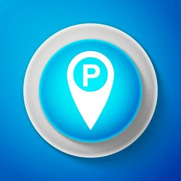 White Map pointer with car parking sign isolated on blue background. Circle blue Stock Illustration