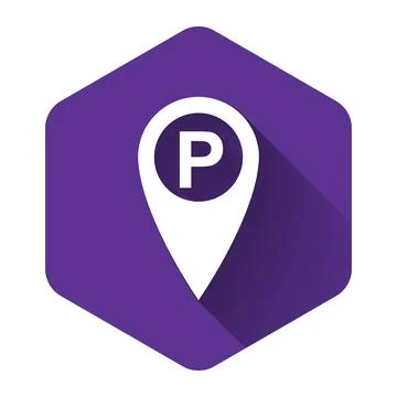 White Map pointer with car parking icon isolated with long shadow. Purple Stockillustratie