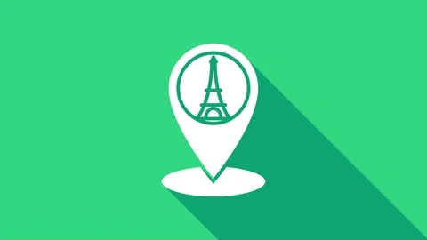 White Map pointer with Eiffel tower icon isolated on green background. France Stock Footage 146740794