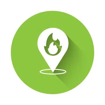 White Map pointer with fire flame icon isolated with long shadow background.. Stock Illustration
