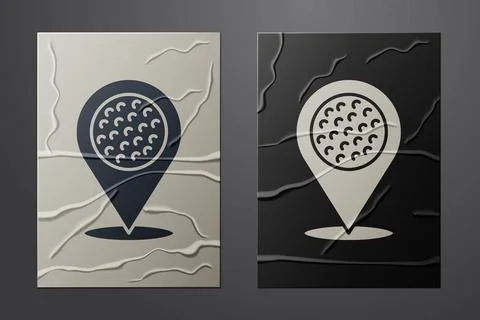 White Map pointer with golf sport club icon isolated on crumpled paper Stock Illustration