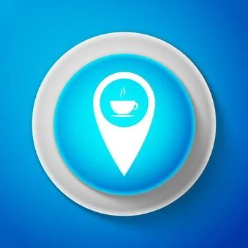 White Map pointer with hot coffee cup icon isolated on blue background. Circle 스톡 일러스트