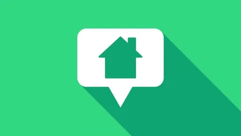 White Map pointer with house icon isolated on green background. Home location Video stock 146950154