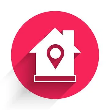 White Map pointer with house icon isolated with long shadow background. Home  Illustrazione stock