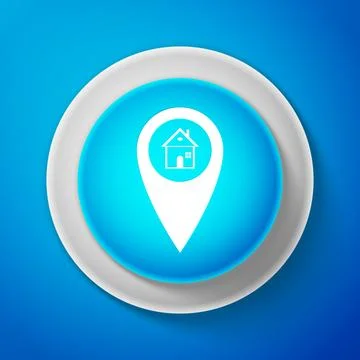 White Map pointer with house icon isolated on blue background. Home location 스톡 일러스트