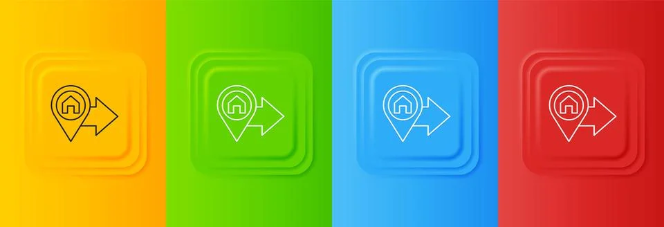 White Map pointer with house icon isolated on colorful background. Home loc.. Stock Illustration