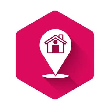 White Map pointer with house icon isolated with long shadow background. Hom.. Stock Illustration