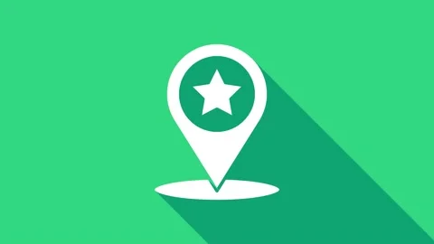 White Map pointer with star icon isolated on green background. Star favorite pin Stock Footage 146977522
