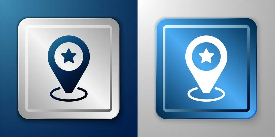 White Map pointer with star icon isolated on blue and grey background. Star Illustrazione stock