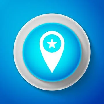 White Map pointer with star icon isolated on blue background. Star favorite pin Stock Illustration