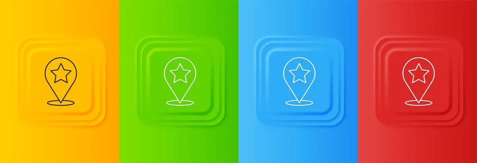 White Map pointer with star icon isolated on colorful background. Star favo.. 库存插图