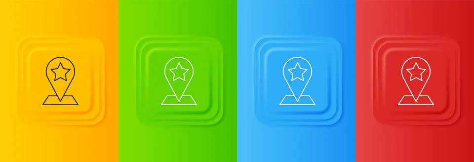 White Map pointer with star icon isolated on colorful background. Star favo.. Stock-Illustration