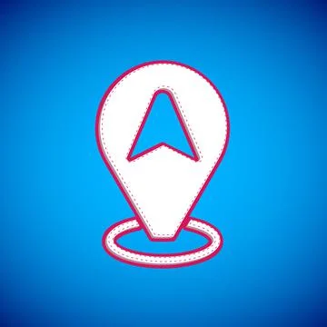 White Map pointer with taxi car icon isolated on blue background. Location Stock Illustration