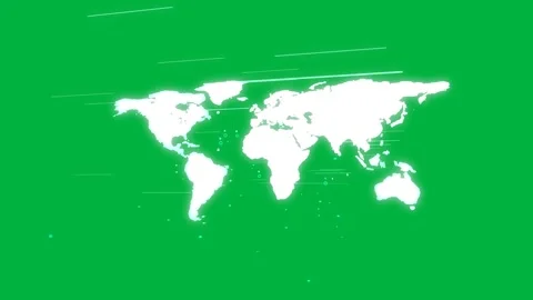 White map pulsing, cyan dots dropping into data clusters under map, cloud bars Stock Footage 334118460