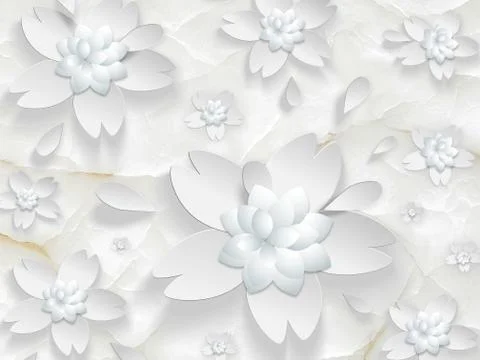 White marble background, abstract white paper flowers with torn petals Stock Illustration