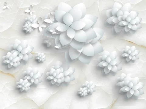 White marble background, abstract white paper flowers, white paper butterflies Stock Illustration