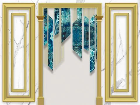 White marble background, golden rectangles, arch, blue patterned pieces of glass Stock Illustration