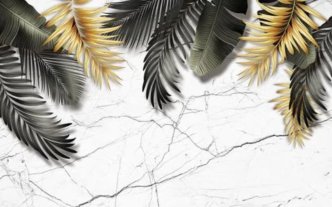 White marble background, large gray and gold tropical leaves hanging from above Stock Illustration