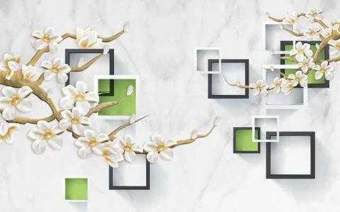 White marble background, square frames, green rectangles, white magnolia flowers Stock Illustration