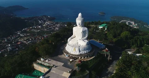 White Marble Big Buddha Statue Temple. Aerial View. Phuket Stock Footage 100541263