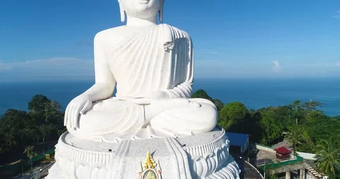 White Marble Big Buddha Statue Temple. Close Up Aerial View. Phuket Stock Footage 100541471
