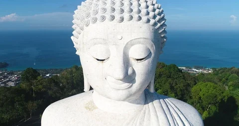 White Marble Big Buddha Statue Temple. Dolly Zoom Aerial View. Phuket Stock Footage 100543131