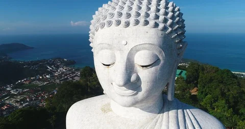 White Marble Big Buddha Statue. Close Up Aerial View. Phuket Stock Footage 100543716