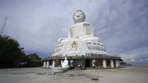 White marble Big Buddha Statue on the high mountain at Phuket Thailand cloudy Stock Footage 153733508