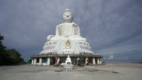 White marble Big Buddha Statue on the high mountain at Phuket Thailand cloudy Stock Footage 153734066