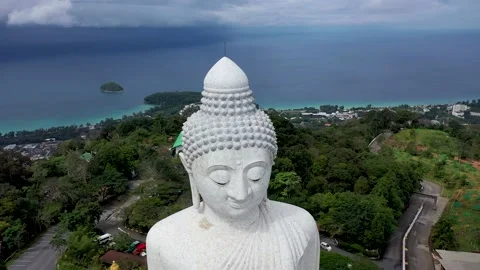 White Marble Big Buddha Statue Temple. Dolly Zoom Aerial View. Frame selection Stock Footage 223507525