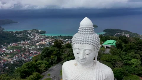 White Marble Big Buddha Statue Temple. Close Up Aerial View. Phuket Thailand Stock Footage 223539977