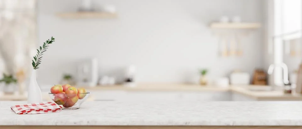 A white marble kitchen countertop with empty space for product display in a.. Stock Illustration