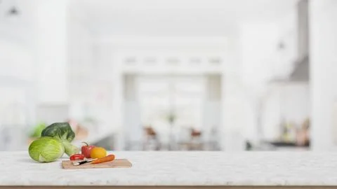 A white marble kitchen tabletop with empty space, fresh vegetables and a ch.. Stock Illustration