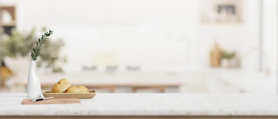 A white marble kitchen tabletop with empty space for product display in a m.. Stock Illustration