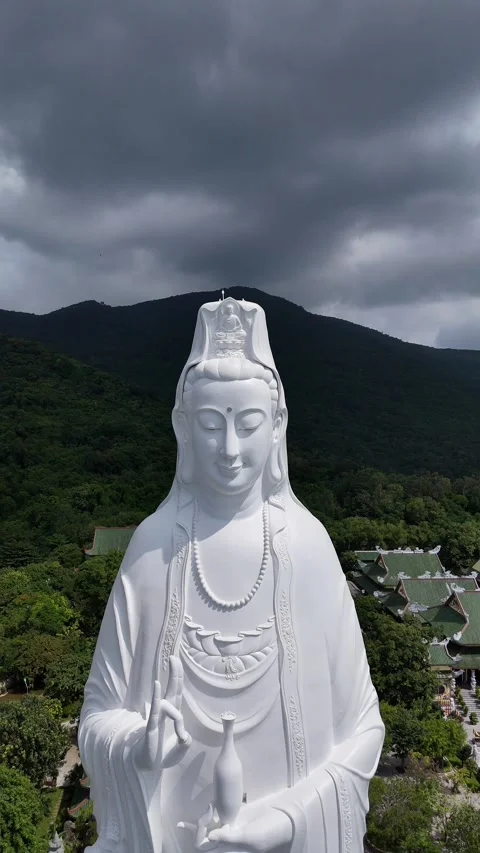 White Marble Lady Buddha Statue Aerial View in Da Nang, Vietnam Stock Footage 335834559