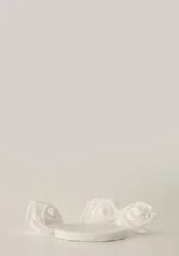 White marble podium on the white background with flowers. Podium for product, Stock Photos