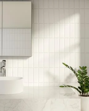 White marble sink counter table under mirror aside houseplant in bathroom w.. Stock Illustration
