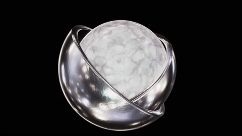 White marble sphere inside of two polished silver metal hemispheres 3D animation Stock Footage 220494931
