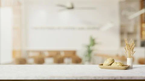 A white marble table features a copy space with a blurred background of a m.. Stock Illustration